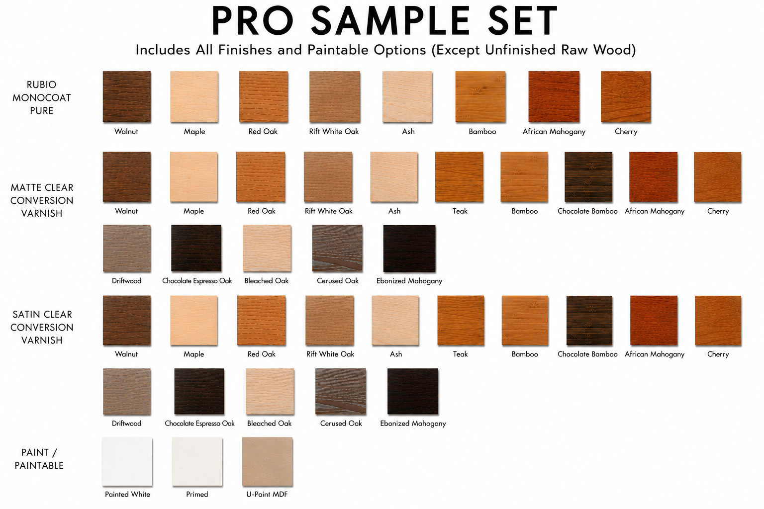 38 samples, the full line of finishes in matte CV, satin CV, Rubio Monocoat pure, painted white, primed, and U-Paint MDF. Does not include raw wood samples.