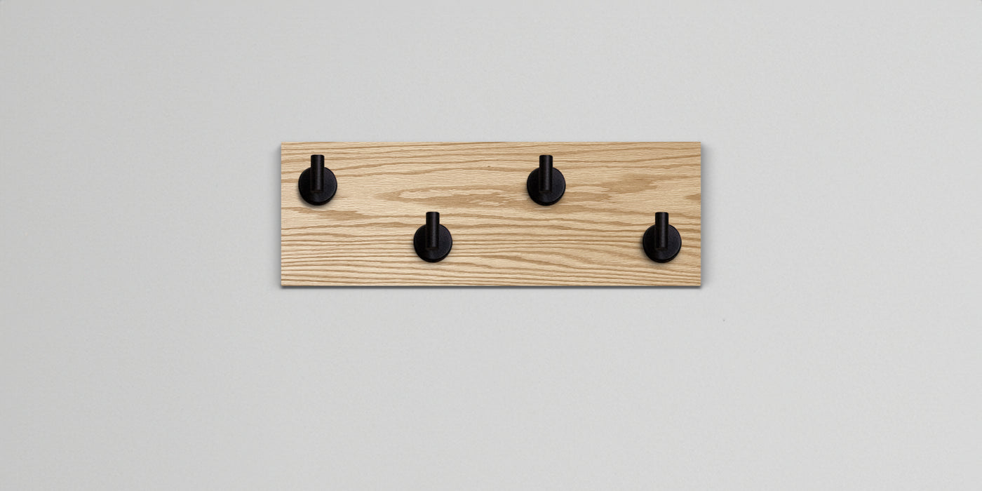 Red Oak Wood wall hook rack 4 matte black hooks