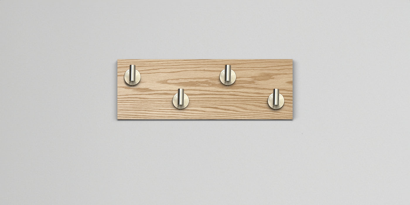 Red Oak Wood wall hook rack 4 satin nickel hooks