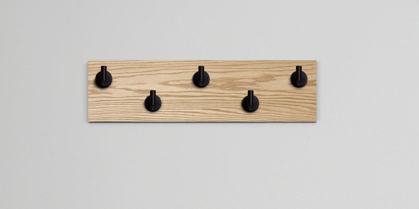 Red Oak Wood wall hook rack 5 matte black hooks