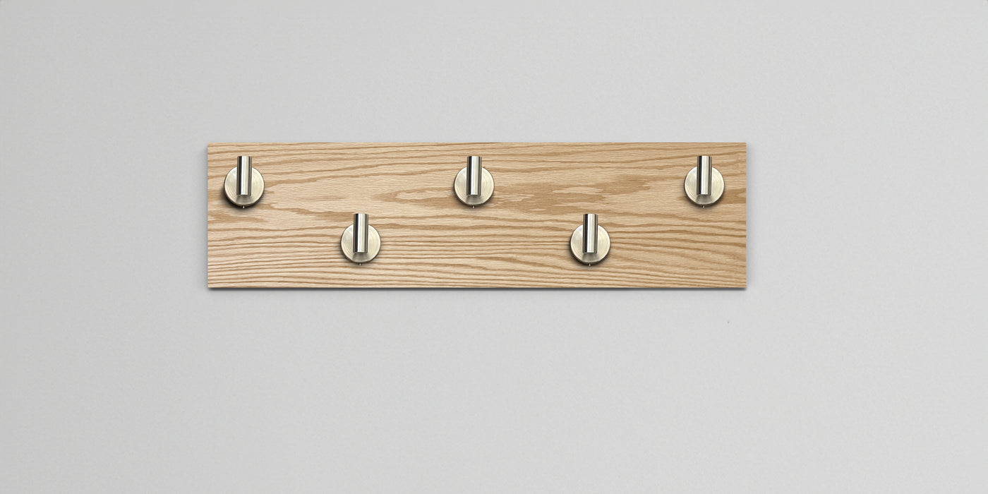 Red Oak Wood wall hook rack 5 satin nickel hooks