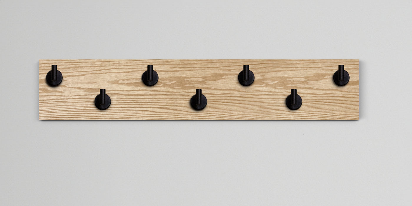 Red Oak Wood wall hook rack 7 matte black hooks