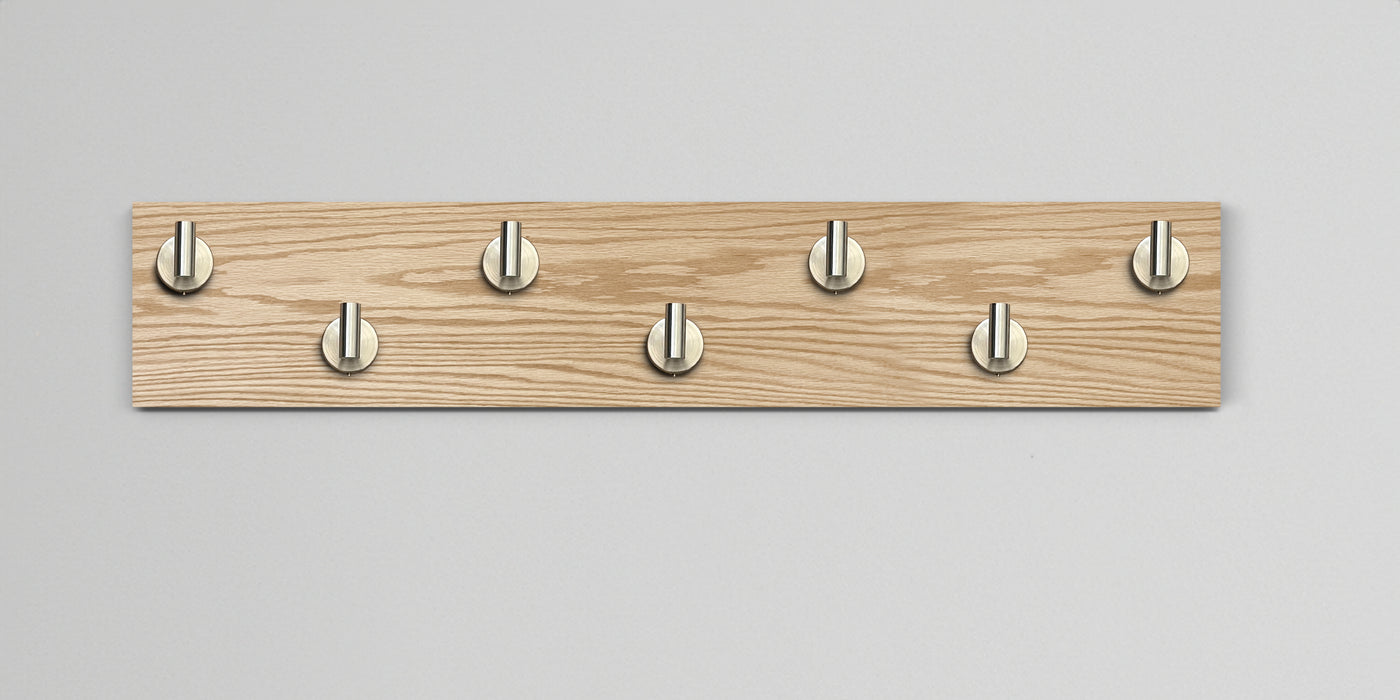 Red Oak Wood wall hook rack 7 satin nickel hooks