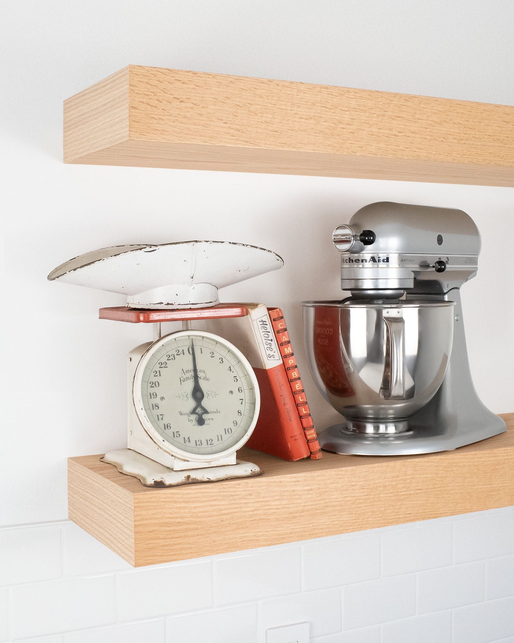 Red Oak kitchen Floating Shelf 4 inch thick with Mixer and scale angle view