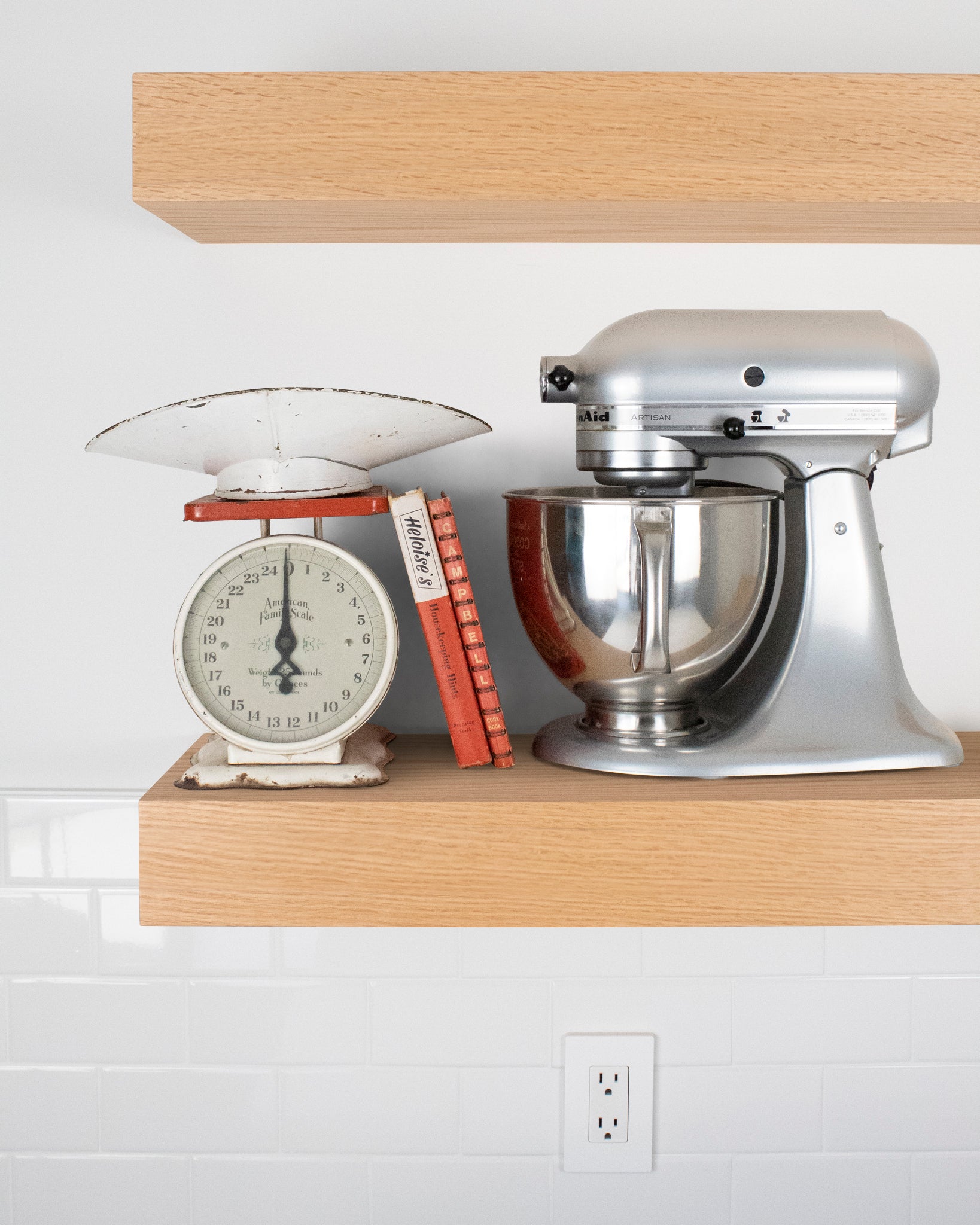 Red Oak kitchen Floating Shelf 4 inch thick with Mixer and scale front view