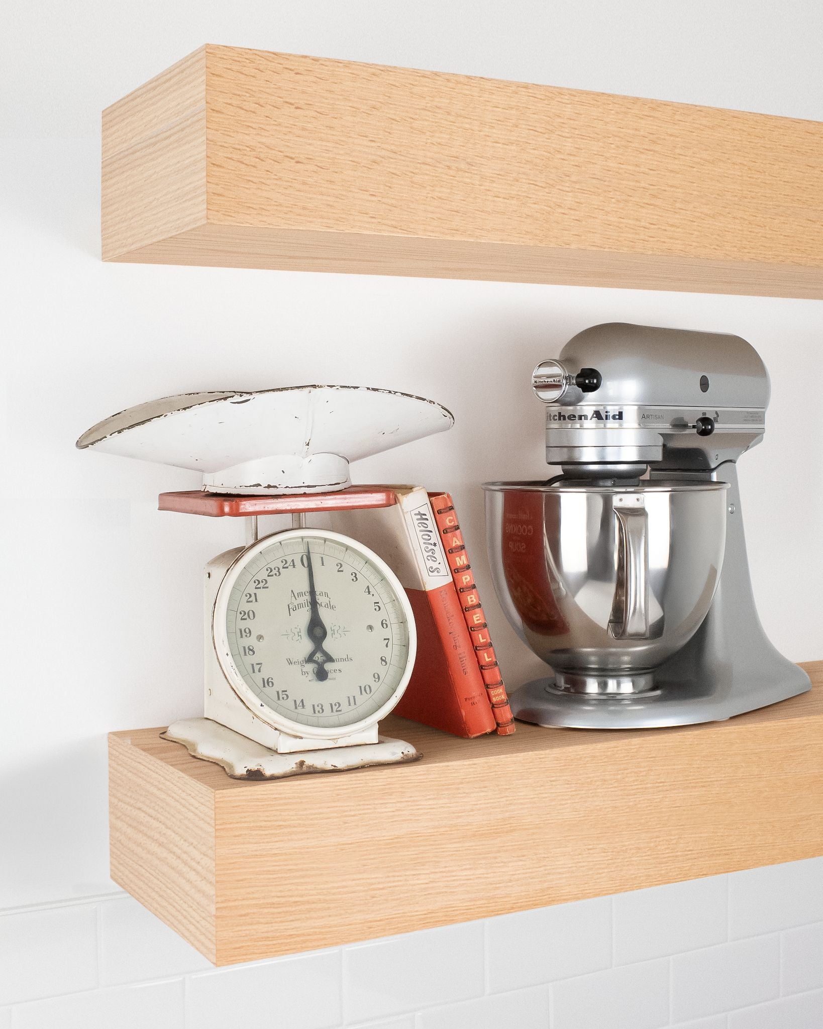 Red Oak kitchen Floating Shelf 6 inch thick with Mixer and scale angle view