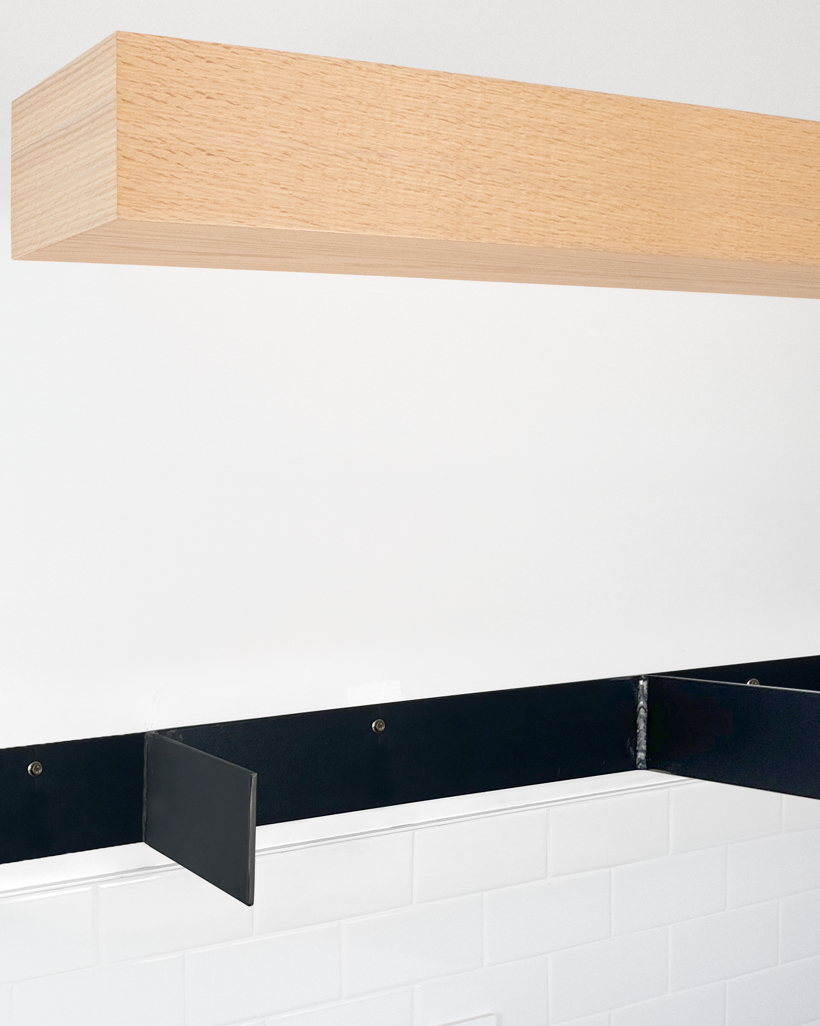 Red oak floating shelf 6 inch thick angle view installed steel HW
