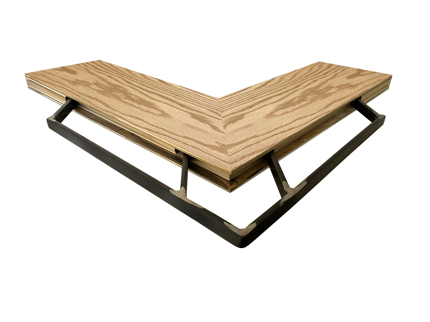 Red oak inside corner mitered floating shelf view of back edge steel floating shelf bracket pockets