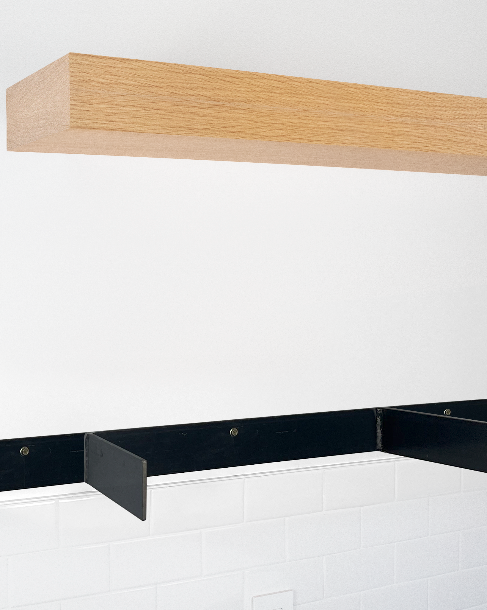 Rift white oak floating shelf 4 inch thick angle view installed steel HW