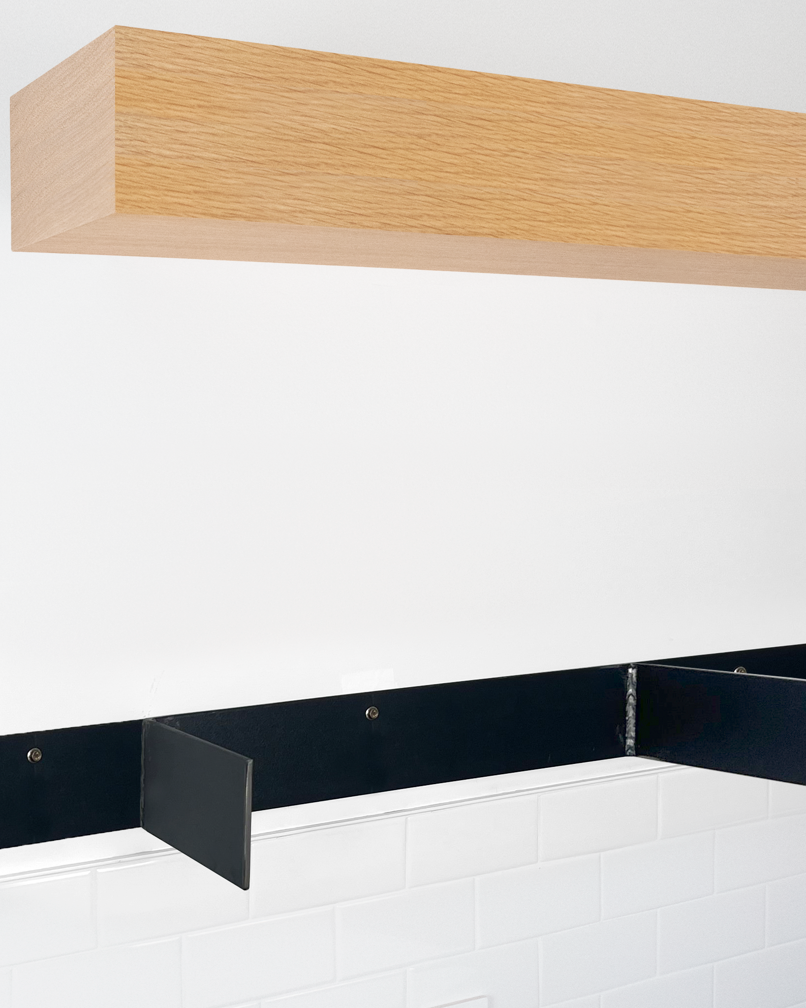 Rift white oak floating shelf 6 inch thick angle view installed steel HW