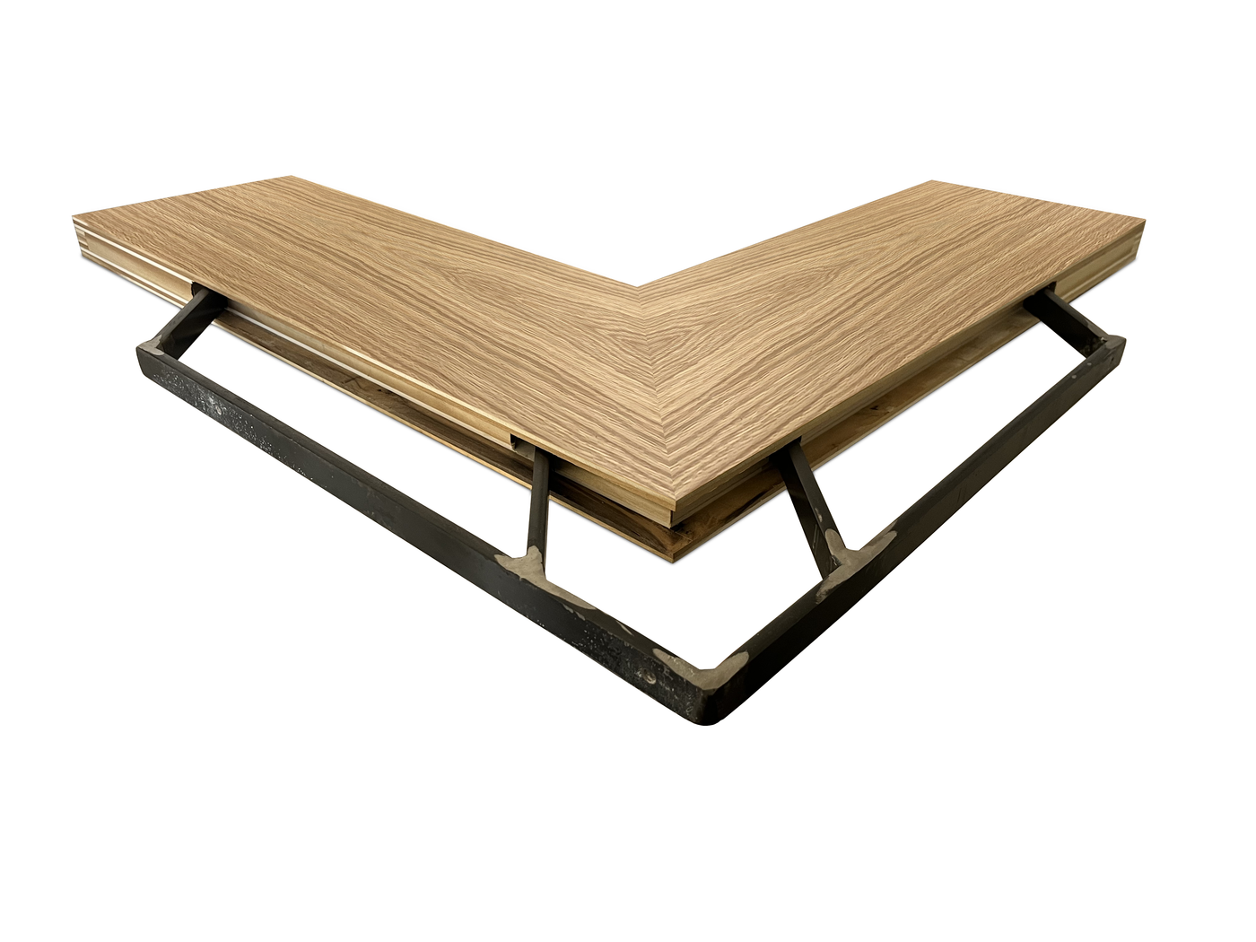 Rift white oak inside corner mitered floating shelf view of back edge steel floating shelf bracket pockets