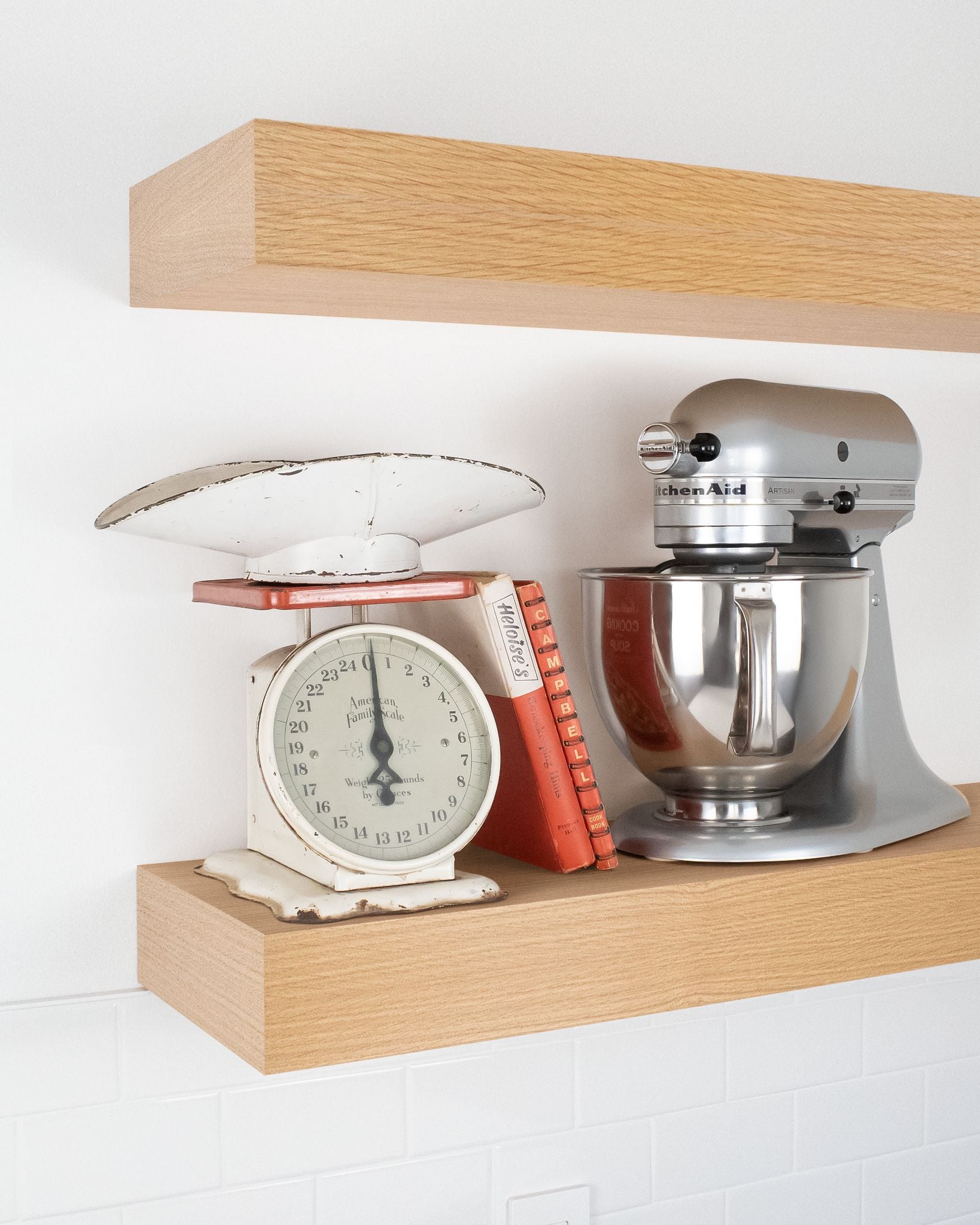 Rift white oak kitchen Floating Shelf 4 inch thick with Mixer and scale angle view