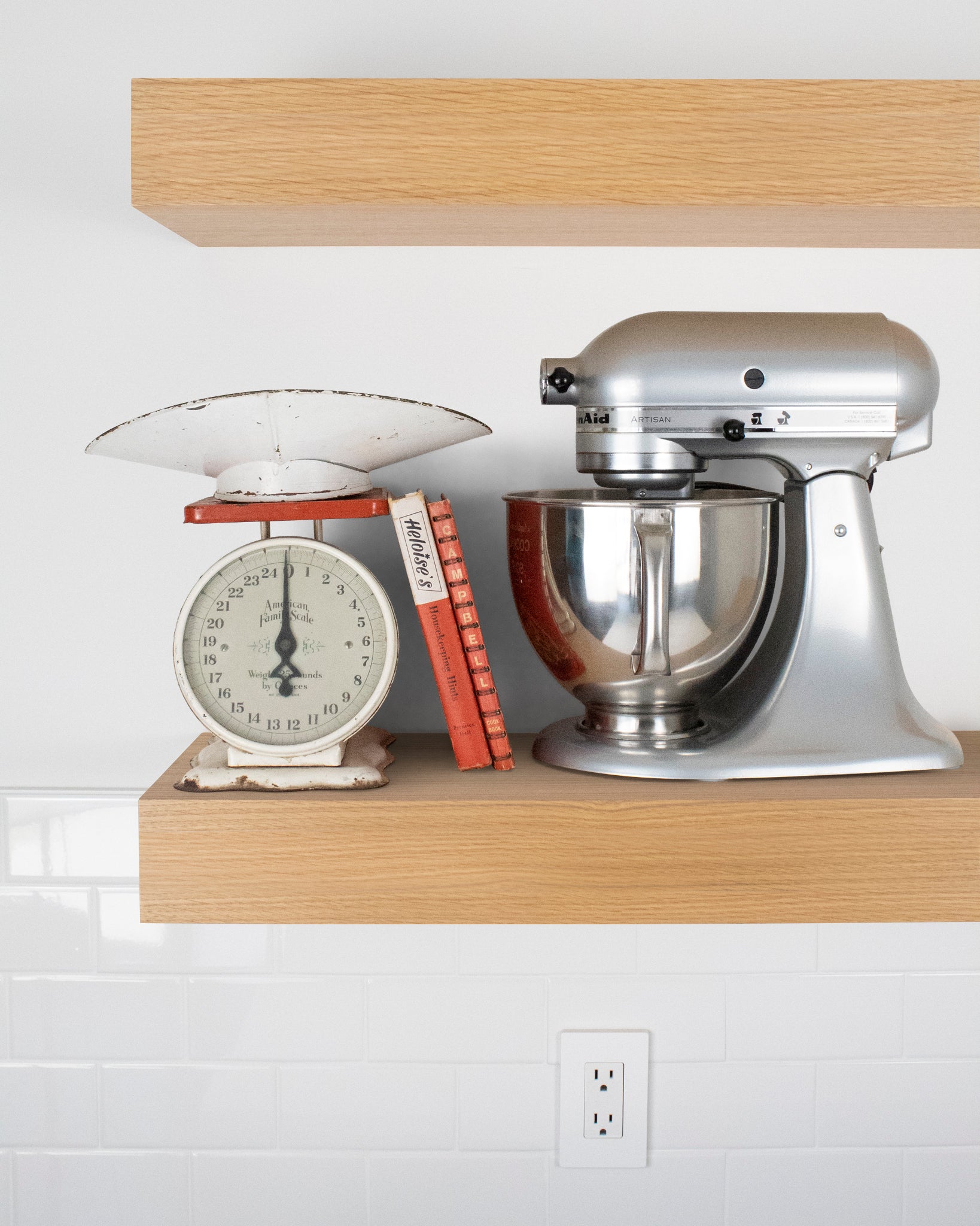 Rift white oak kitchen Floating Shelf 4 inch thick with Mixer and scale front view