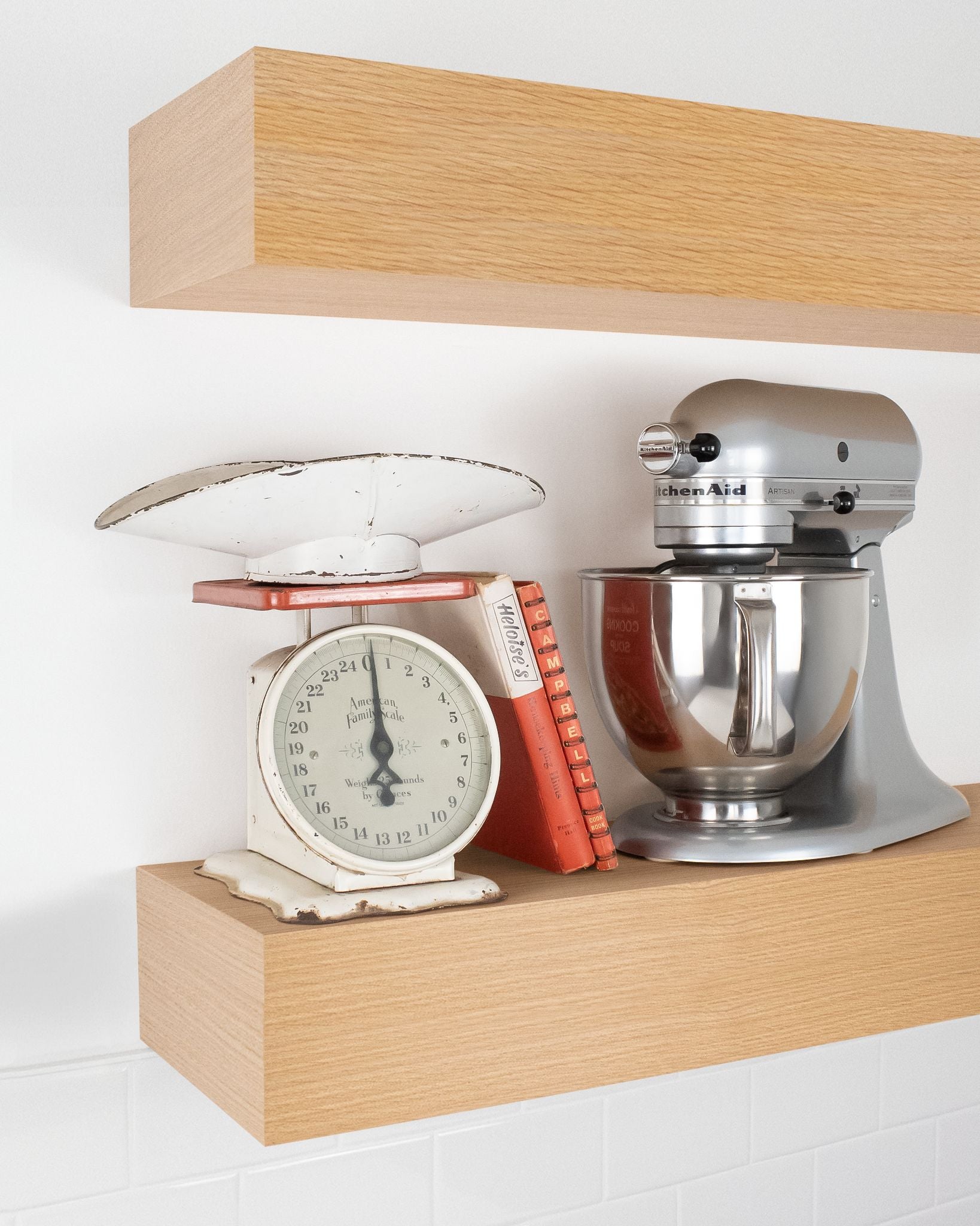 Rift white oak kitchen Floating Shelf 6 inch thick with Mixer and scale angle view