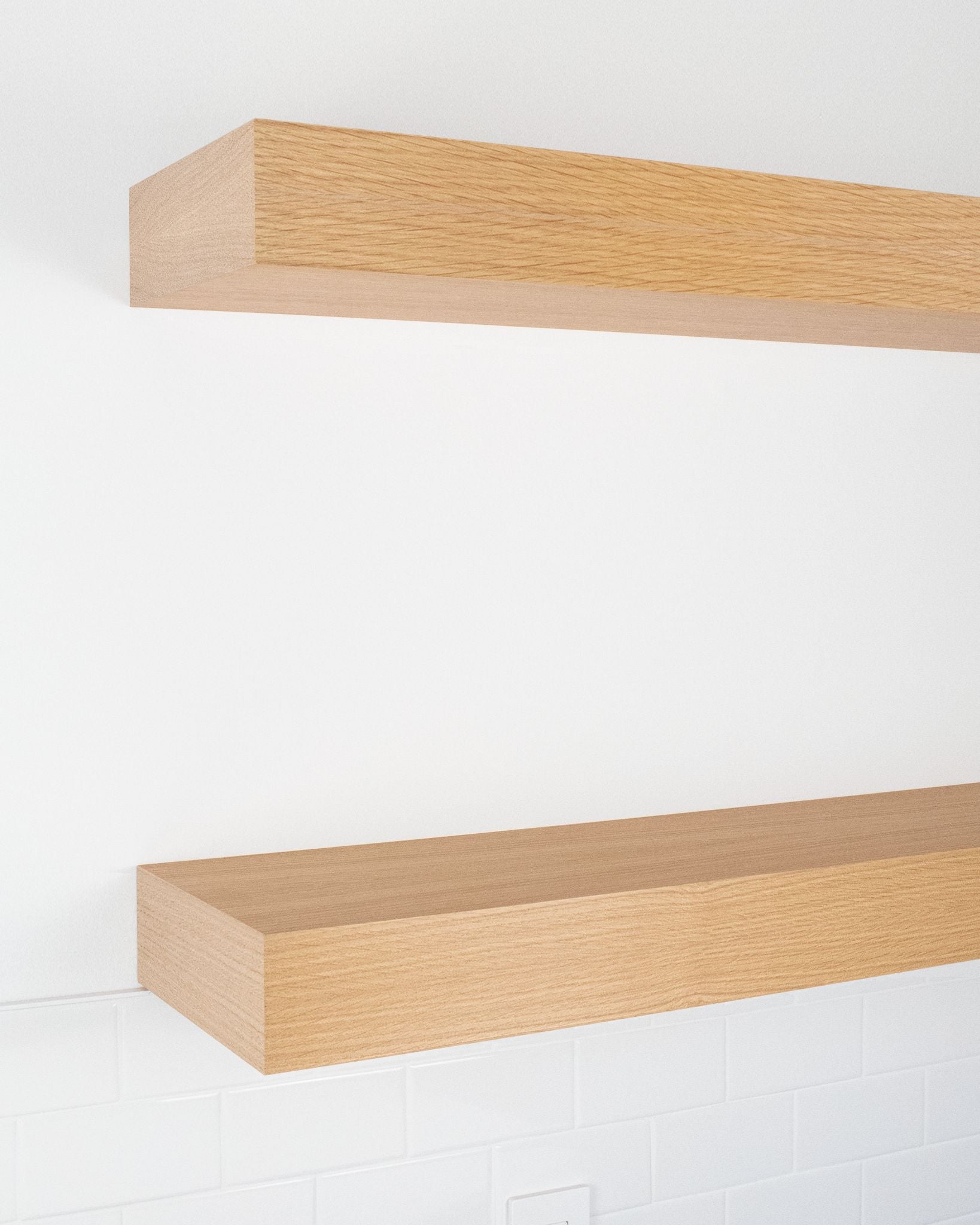 Rift white oak kitchen Floating Shelves 4 inch thick angle view