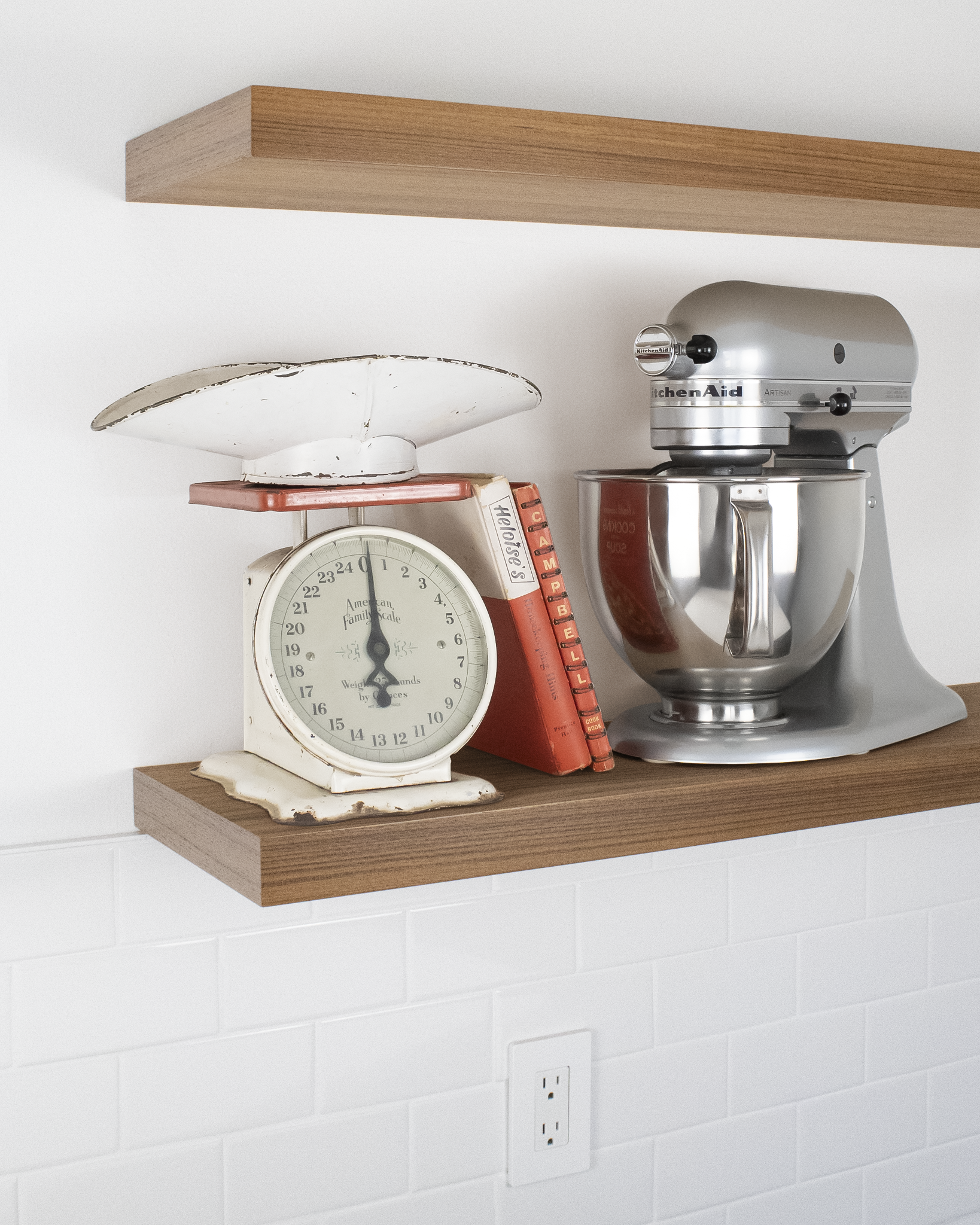 Teak Wood kitchen Floating Shelf 1.75 inch thick with Mixer and scale angle view