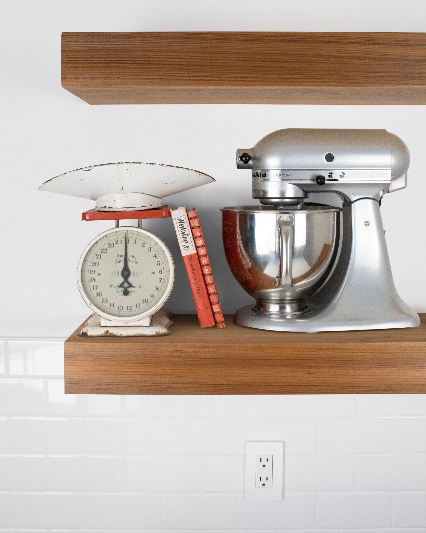 Teak Wood kitchen Floating Shelf 4 inch thick with Mixer and scale front view