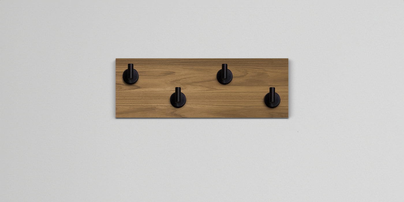 Teak Wood wall hook rack 4 matte black hooks