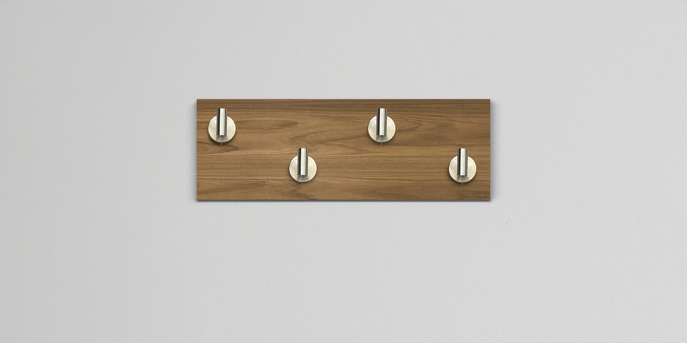 Teak Wood wall hook rack 4 satin nickel hooks