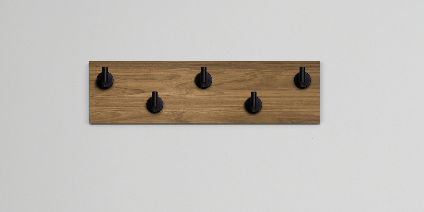 Teak Wood wall hook rack 5 matte black hooks