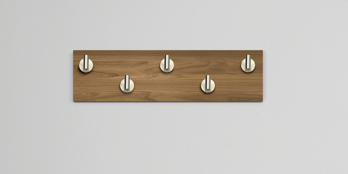 Teak Wood wall hook rack 5 satin nickel hooks