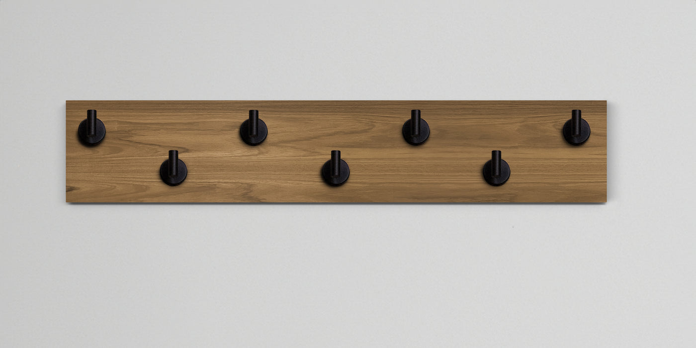 Teak Wood wall hook rack 7 matte black hooks