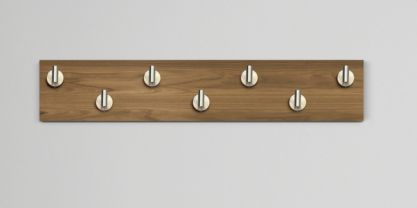 Teak Wood wall hook rack 7 satin nickel hooks
