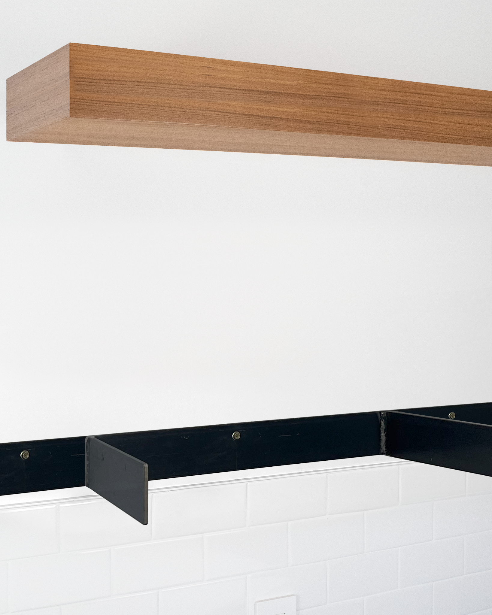 Teak floating shelf 4 inch thick angle view installed steel HW