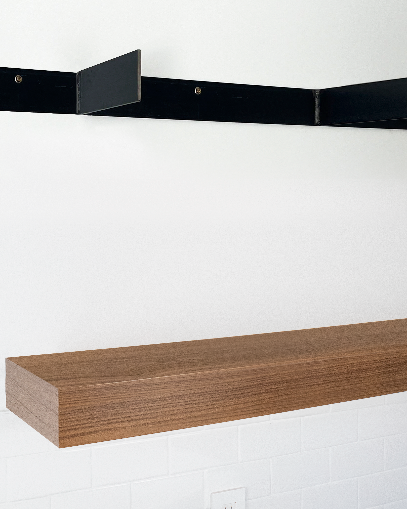 Teak floating shelf 4 inch thick angle view installed steel HW top