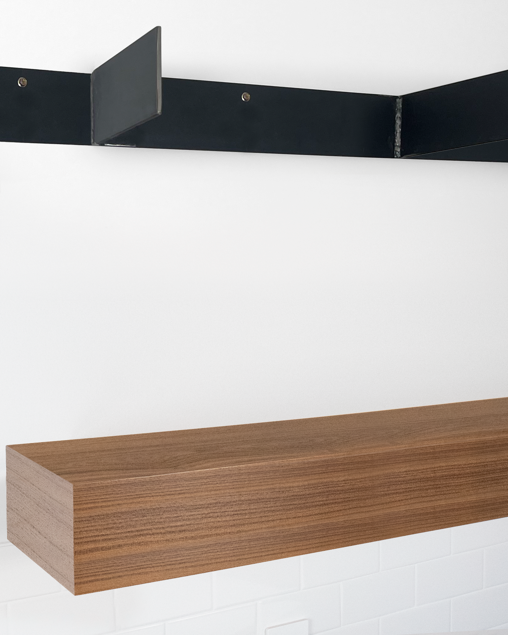 Teak floating shelf 6 inch thick angle view installed steel HW top