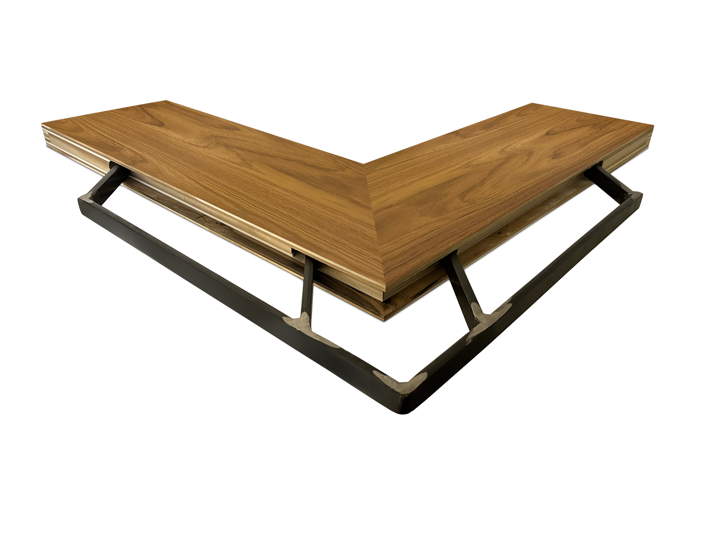 Teak inside corner mitered floating shelf view of back edge steel floating shelf bracket pockets