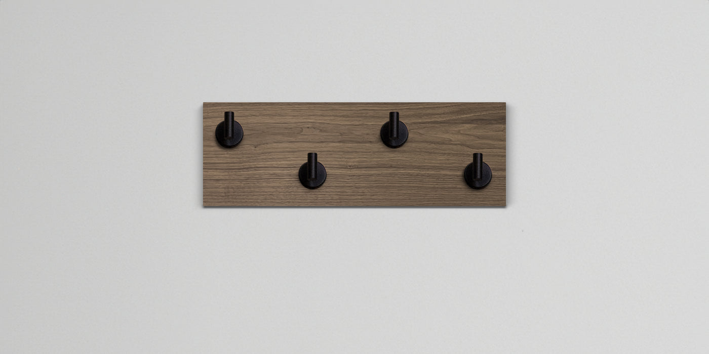 Walnut Wood wall hook rack 4 matte black hooks