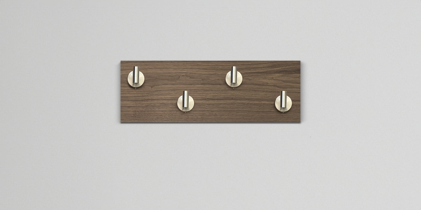 Walnut Wood wall hook rack 4 satin nickel hooks