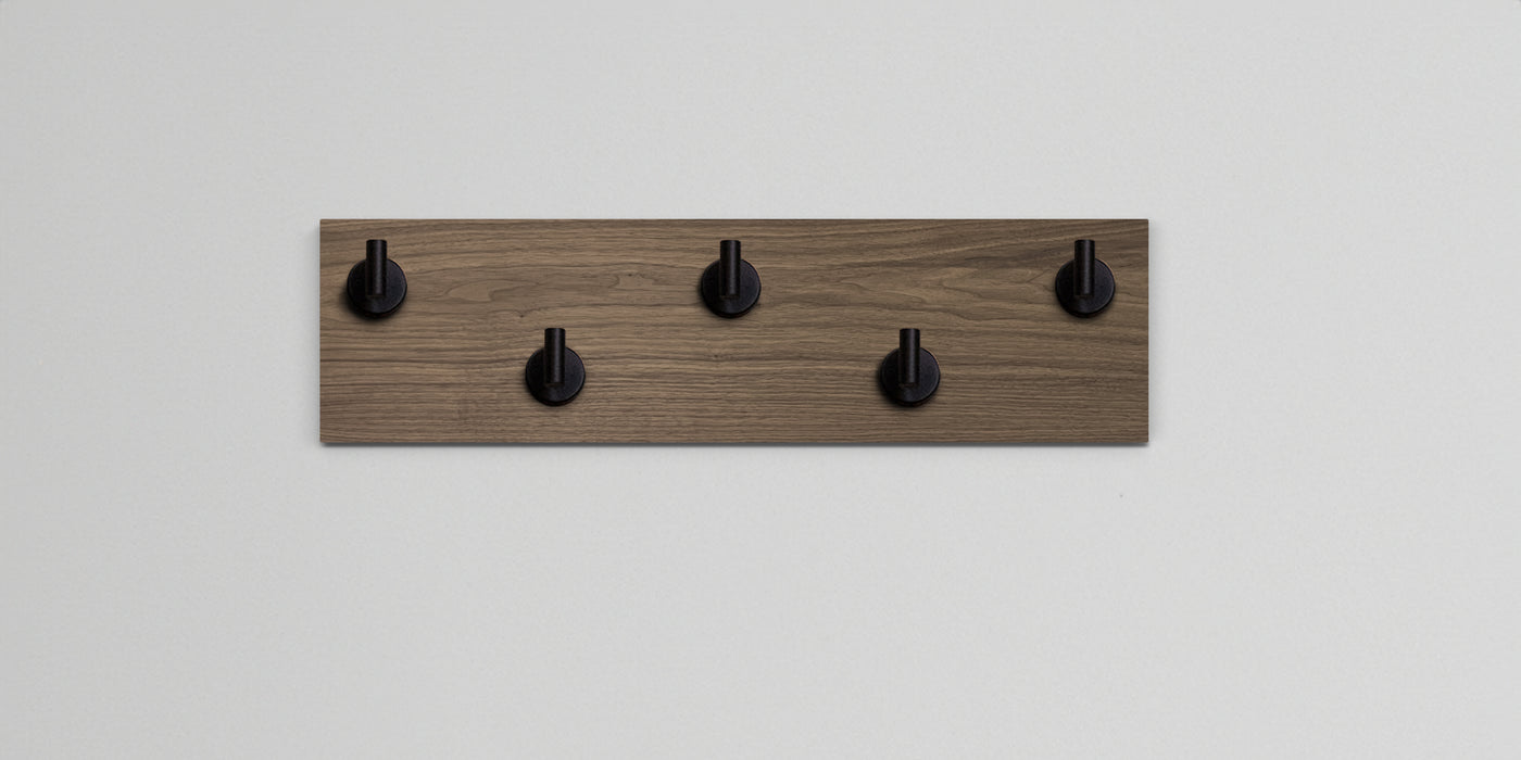 Walnut Wood wall hook rack 5 matte black hooks