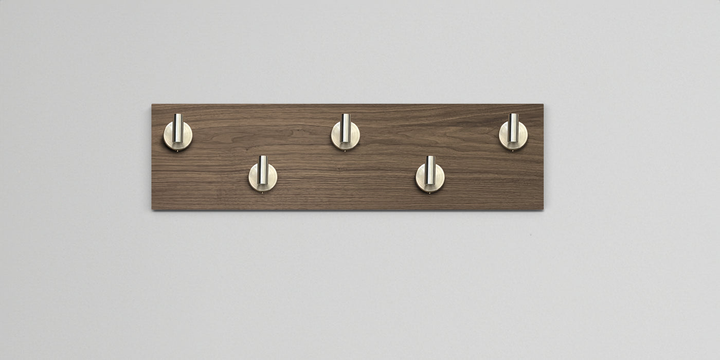 Walnut Wood wall hook rack 5 satin nickel hooks