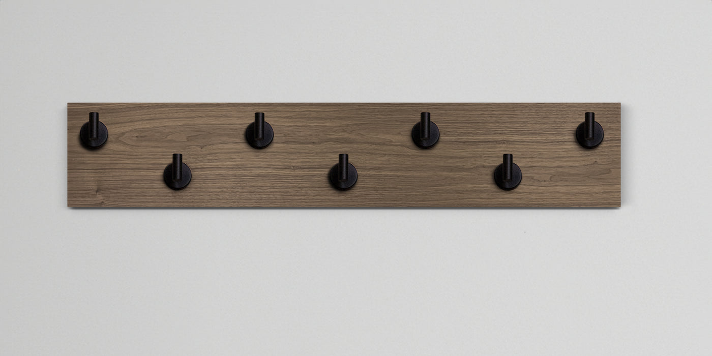 Walnut Wood wall hook rack 7 matte black hooks