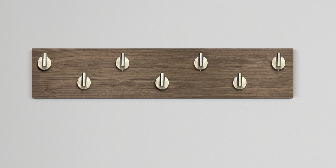 Walnut Wood wall hook rack 7 satin nickel hooks