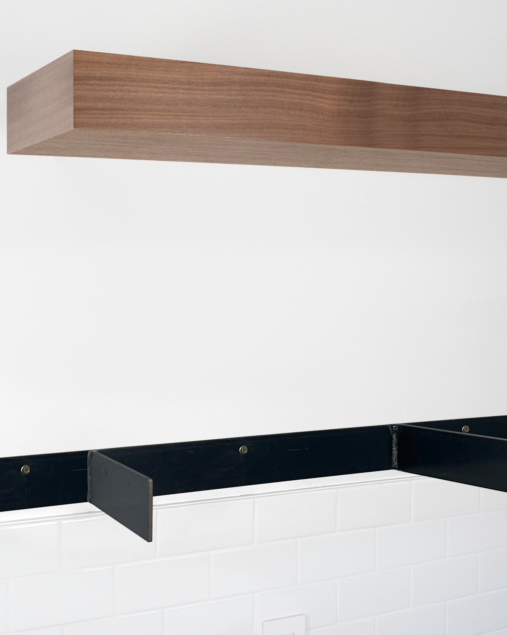 Walnut floating shelf 4 inch thick angle view installed steel HW