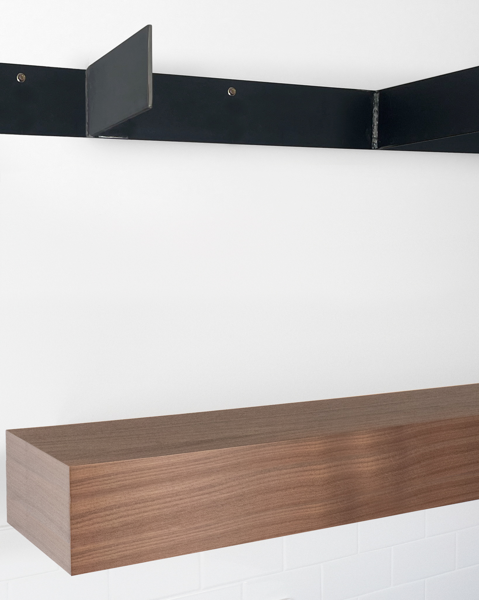 Walnut floating shelf 6 inch thick angle view installed steel HW top
