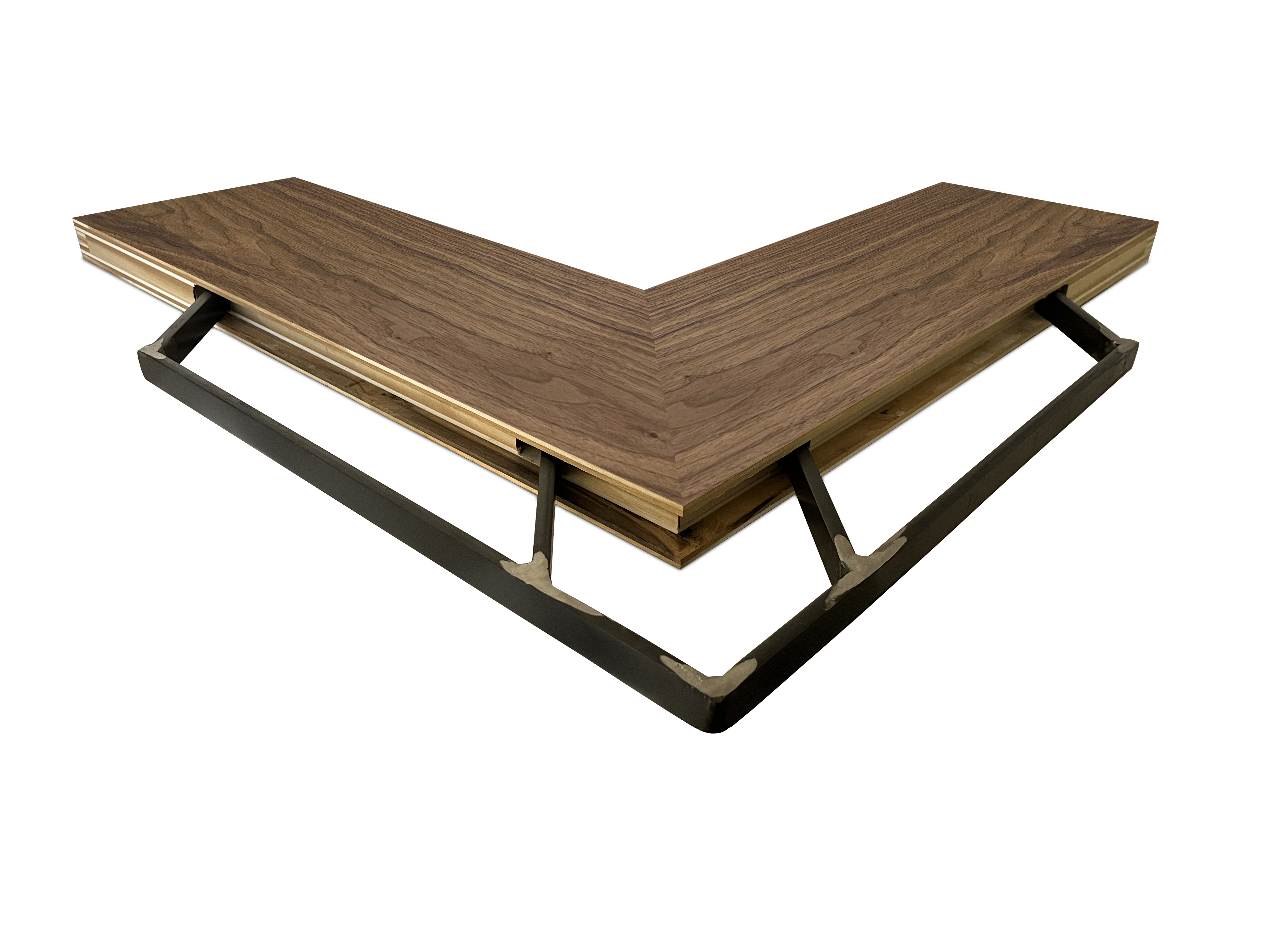 Walnut inside corner mitered floating shelf view of back edge steel floating shelf bracket pockets