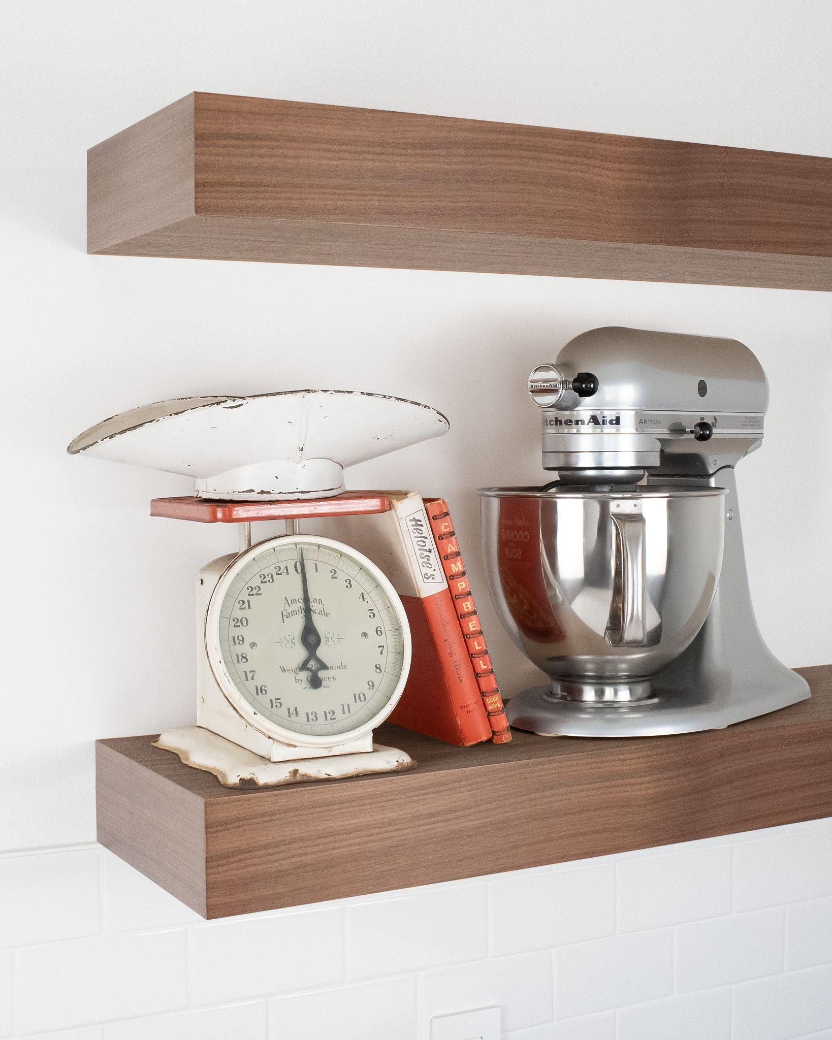 Walnut kitchen Floating Shelf 4 inch thick with Mixer and scale angle view