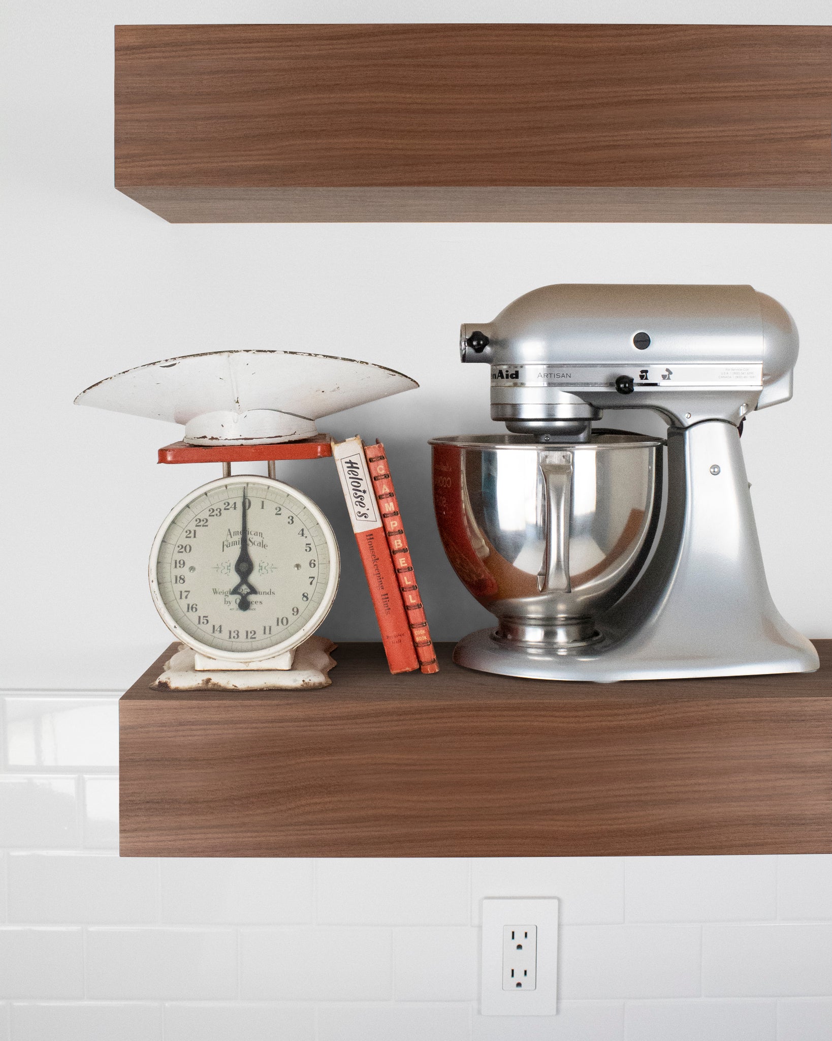 Walnut kitchen Floating Shelf 6 inch thick with Mixer and scale front view