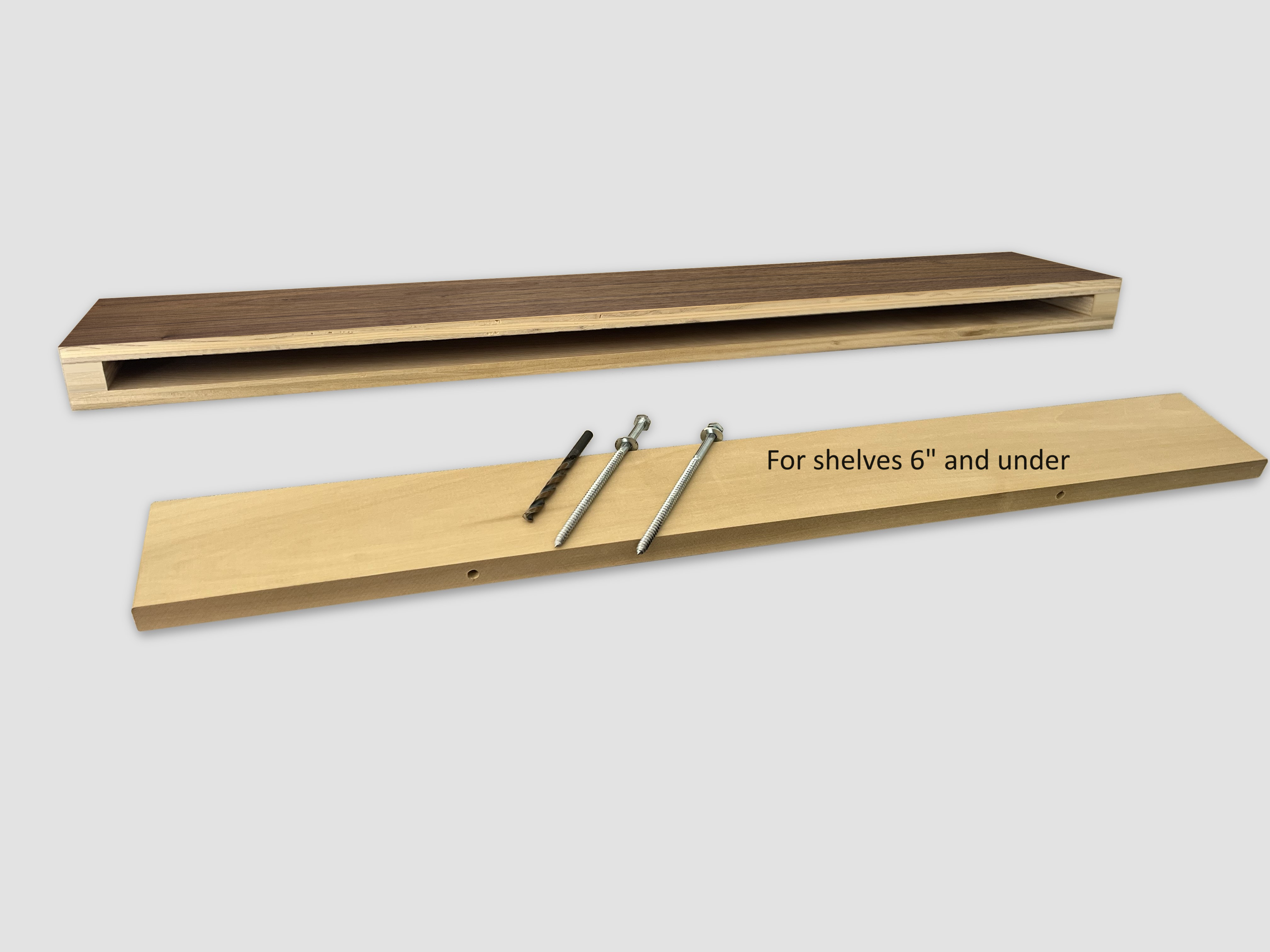 Walnut narrow floating shelf view of back edge wood insert support