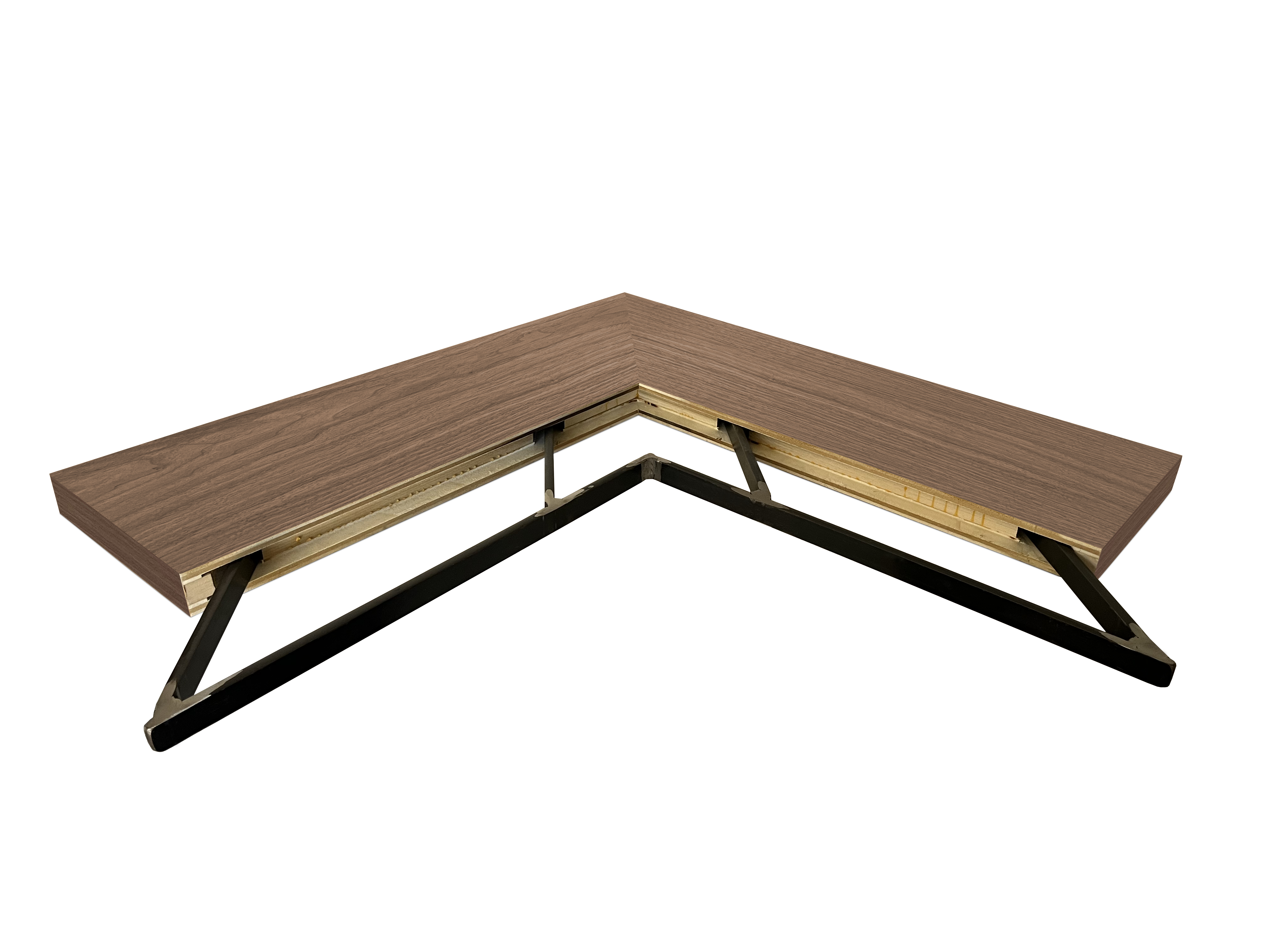 Walnut outside corner mitered floating shelf view of back edge steel floating shelf bracket pockets