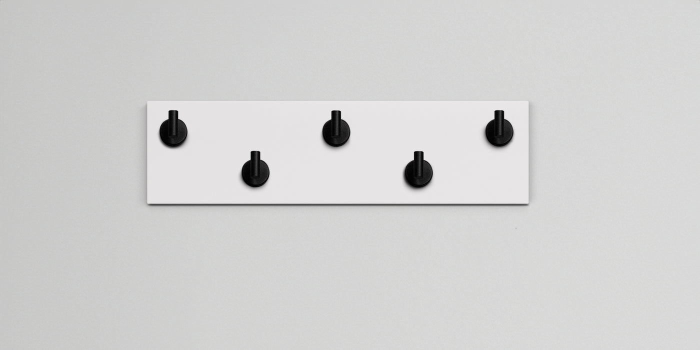 White Wood wall hook rack 5 matte black hooks