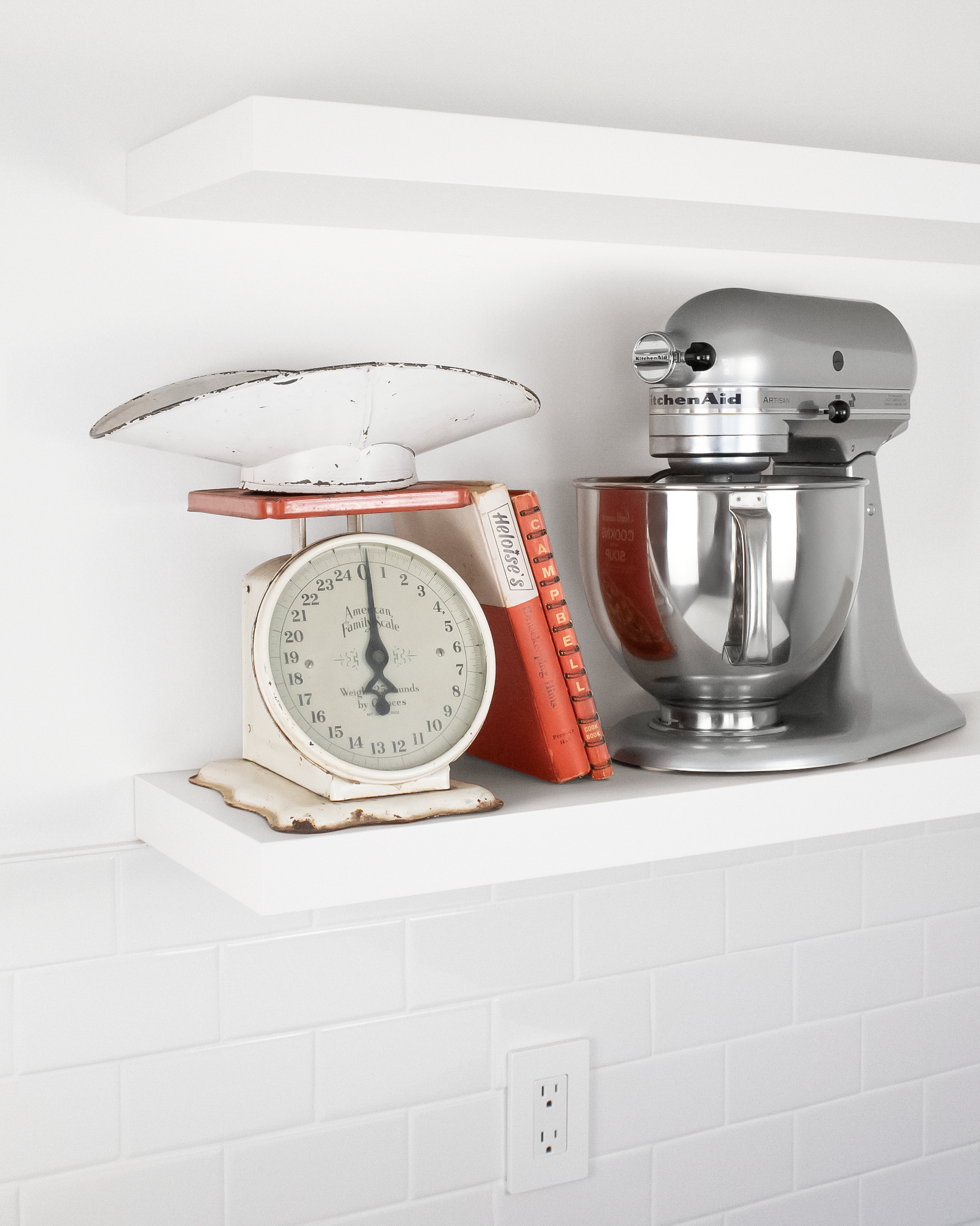 White kitchen Floating Shelf 1.75 inch thick with Mixer and scale angle view