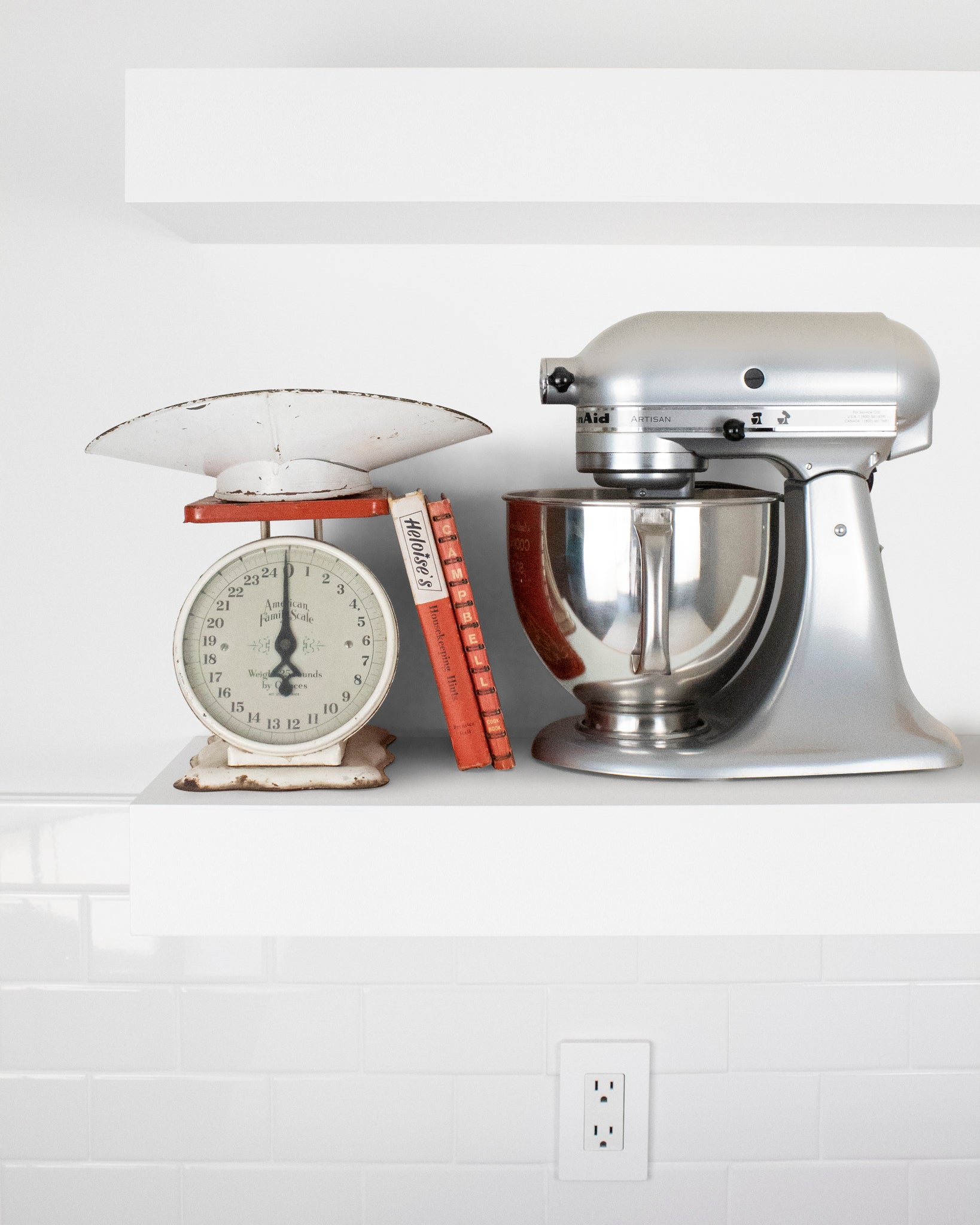 White kitchen Floating Shelf 4 inch thick with Mixer and scale front view