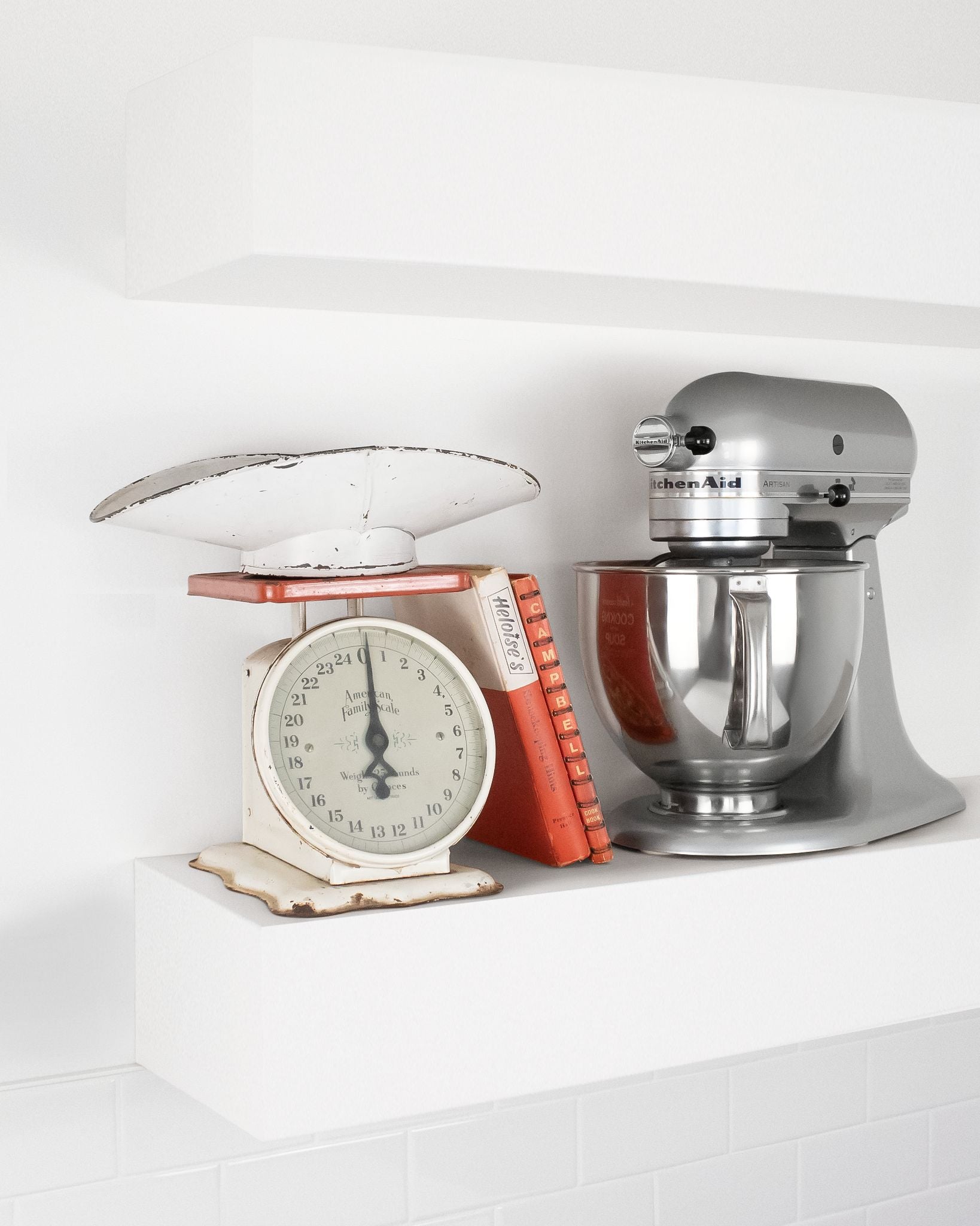 White kitchen Floating Shelf 6 inch thick with Mixer and scale angle view