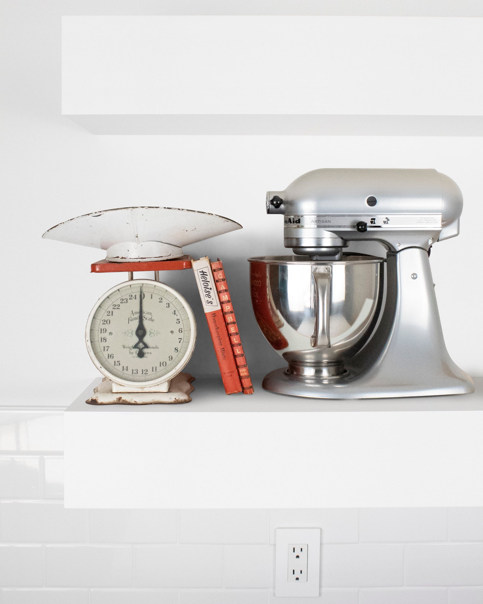 White kitchen Floating Shelf 6 inch thick with Mixer and scale front view