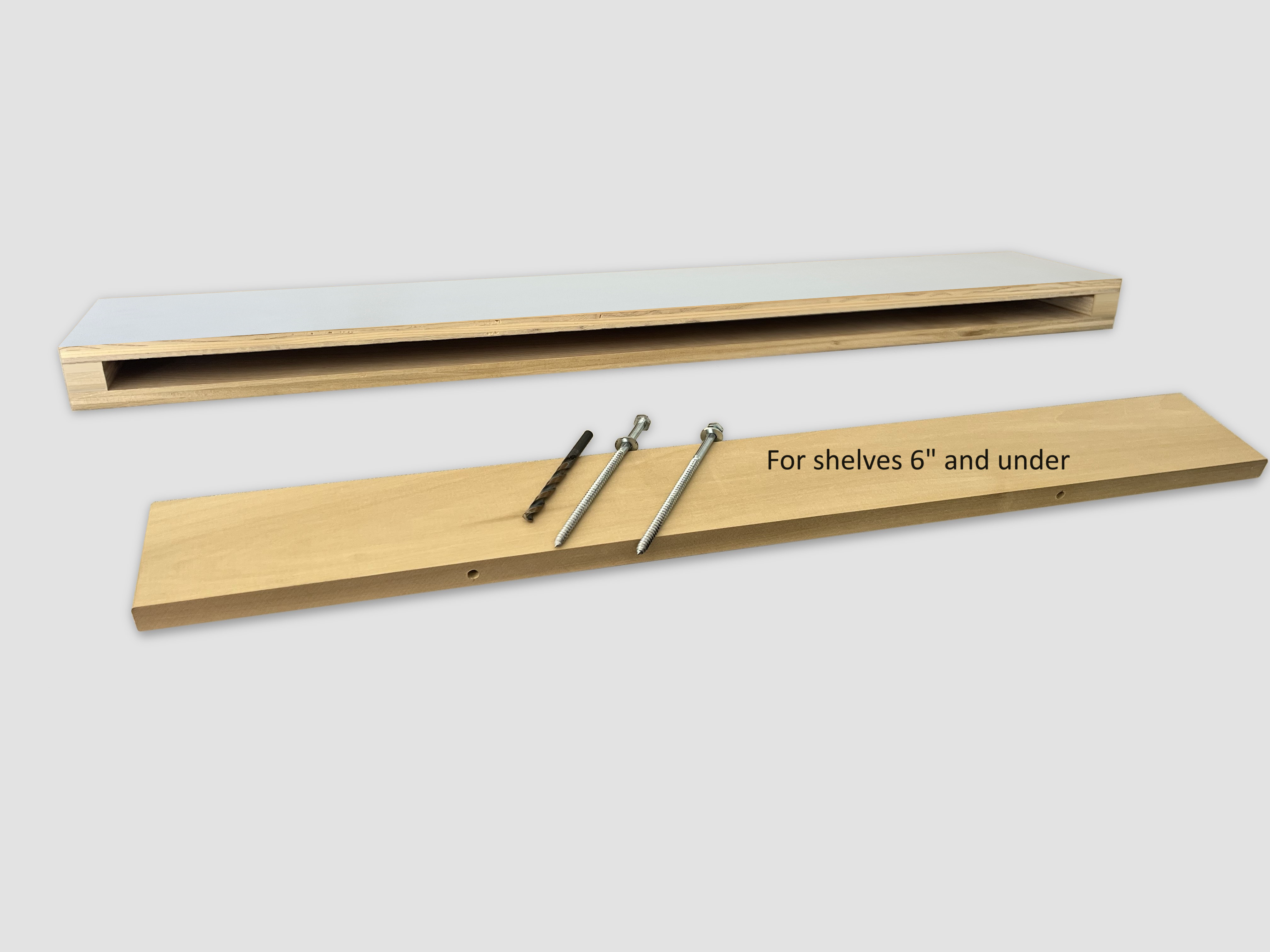 White narrow floating shelf view of back edge wood insert support